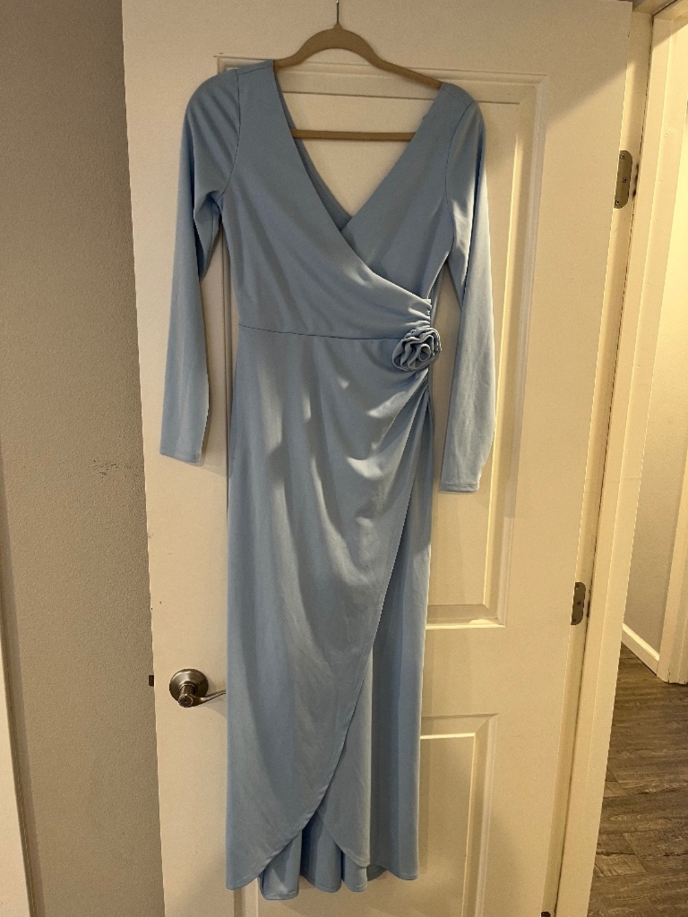 WAYF Powder Blue Faux Wrap Dress With Rosette